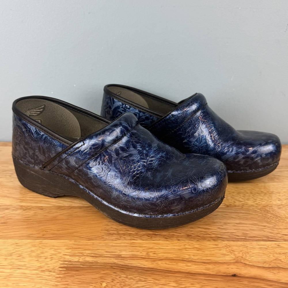 Dansko XP 2.0 Womens 41 (11) Blue Floral Metallic Leather Nursing Comfort Clogs